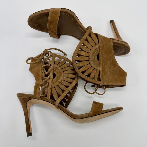 Tory Burch Tan Suede Lace-Up Sandal Heels Fan-Cut Side Detail US Size 8.5 - Picture 5 of 12
